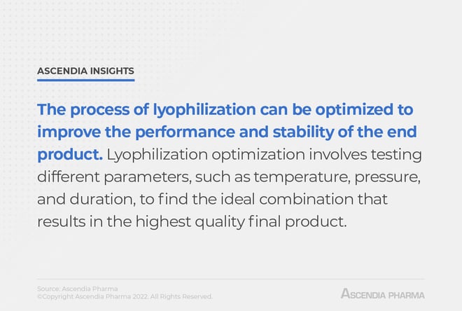 The process of lyophilization can be optimized to improve the performance and stability of the end product. Lyophilization optimization involves testing different parameters, such as temperature, pressure, and duration, to find the ideal combination that results in the highest quality final product