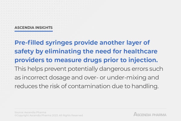 A quote pulled from the article text that reads: Pre-filled syringes provide another layer of safety by eliminating the need for healthcare providers to measure drugs prior to injection. This helps prevent potentially dangerous errors such as incorrect dosage and over- or under-mixing, but it also reduces the risk of contamination due to handling.