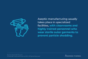 Aseptic manufacturing usually takes place in specialized facilities, with cleanrooms and highly trained personnel who wear sterile outer garments to prevent particle shedding.