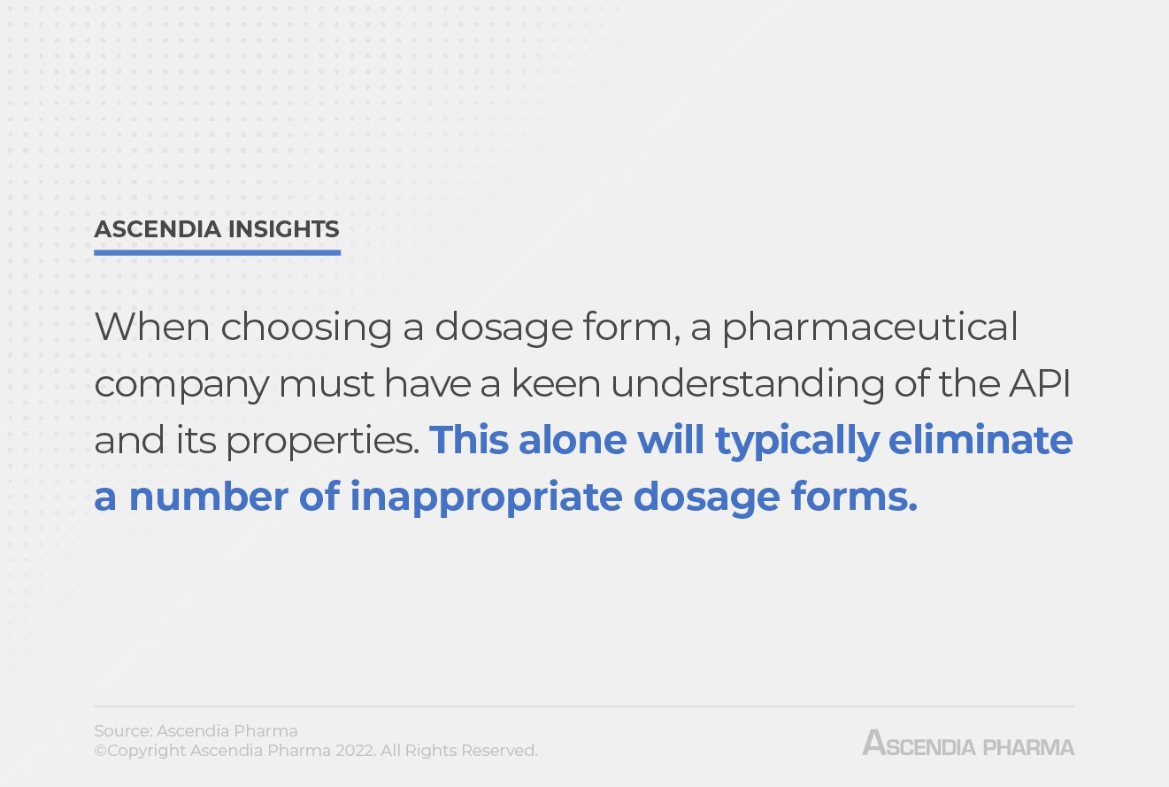 When choosing a dosage form, a pharmaceutical company must have a keen understanding of the API and its properties. This alone will typically eliminate a number of inappropriate dosage forms.